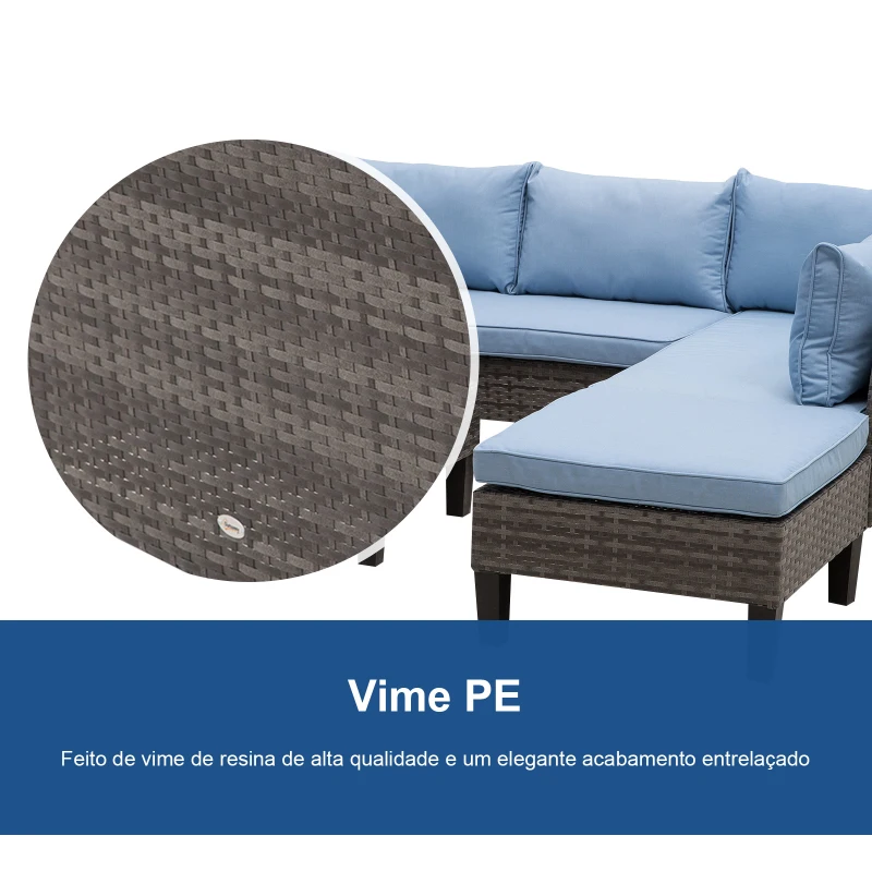 Outsunny Conjunto de Móveis de Vime 4 Peças com Mesa de Centro com Bancada de Vidro Temperado e Apoio para os Pés Cinza e Azul