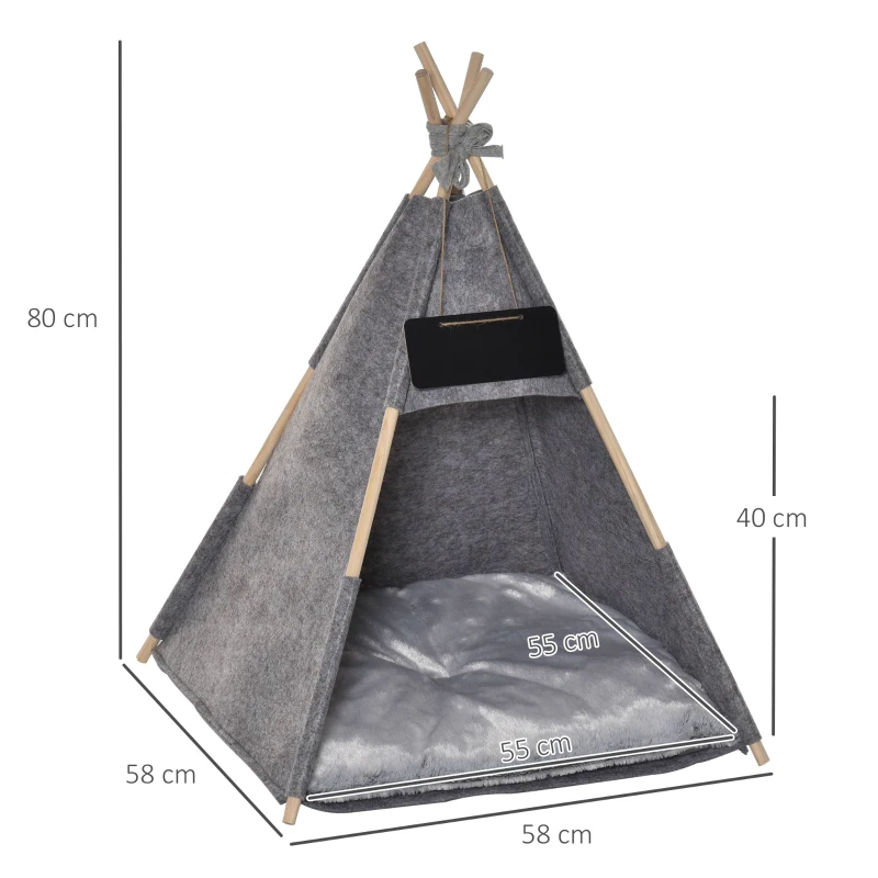 PawHut Tenda tipi para Animais de Estimação de Feltro com Almofada lavável e Removível  58x58x80cm Cinza