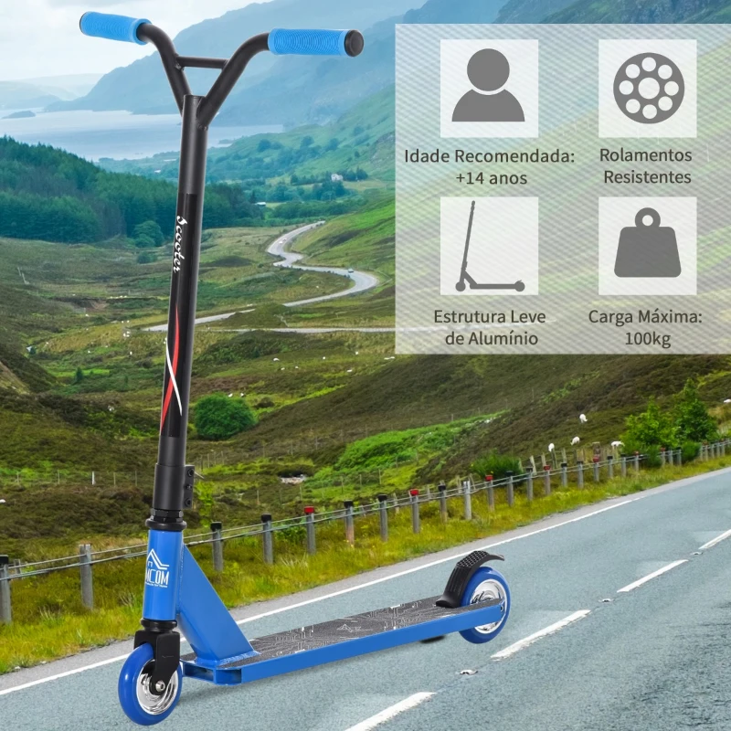 HOMCOM Trotinete de Acrobacias e Saltos Trotinete Freestyle para Adolecentes acima de 14 anos e Adultos Carga 100kg 68x46x84cm Azul