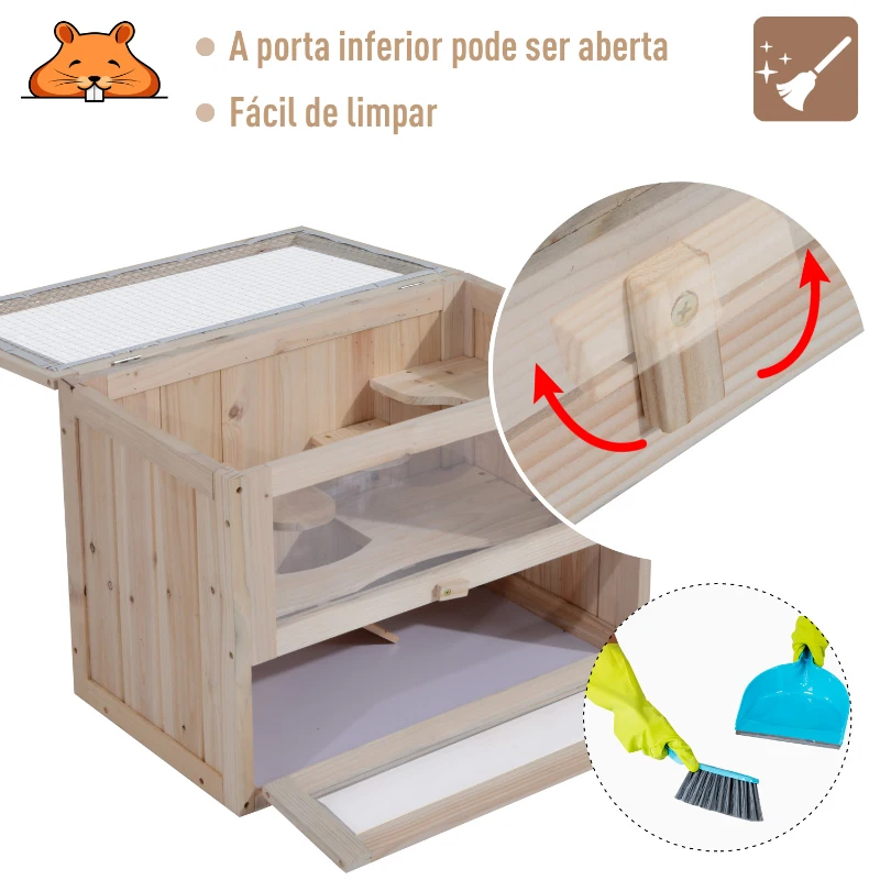 PawHut Gaiola de madeira para hamsters e outros pequenos roedores Casa para animais de 2 níveis 60x35x42cm