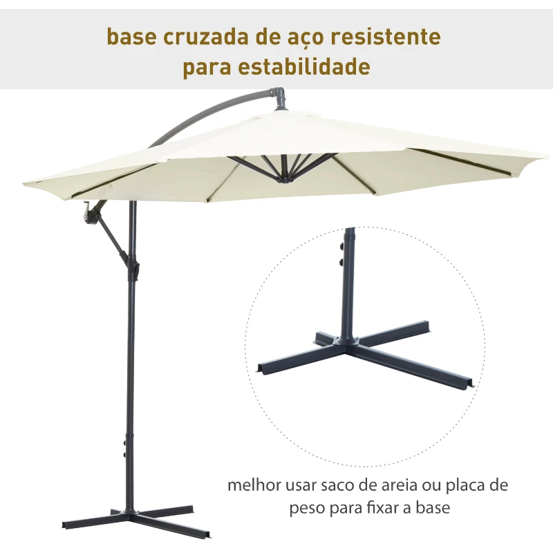 Outsunny Chapéu de Sol de Jardim Ø300x260cm Chapéu de Sol Excêntrico Inclinável com Manivela Base Cruzada e Suporte de Metal 8 Hastes para Terraço Exterior Balcão Creme