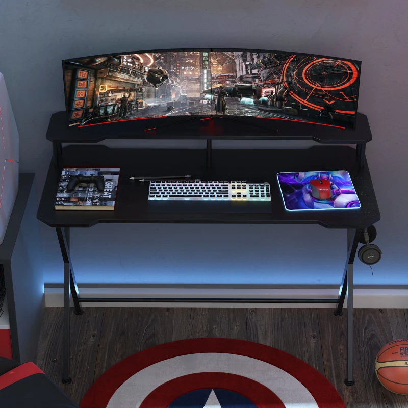 HOMCOM Mesa gaming para jogos secretária com suporte para monitor e fones de ouvido 140x60x90 cm Preto