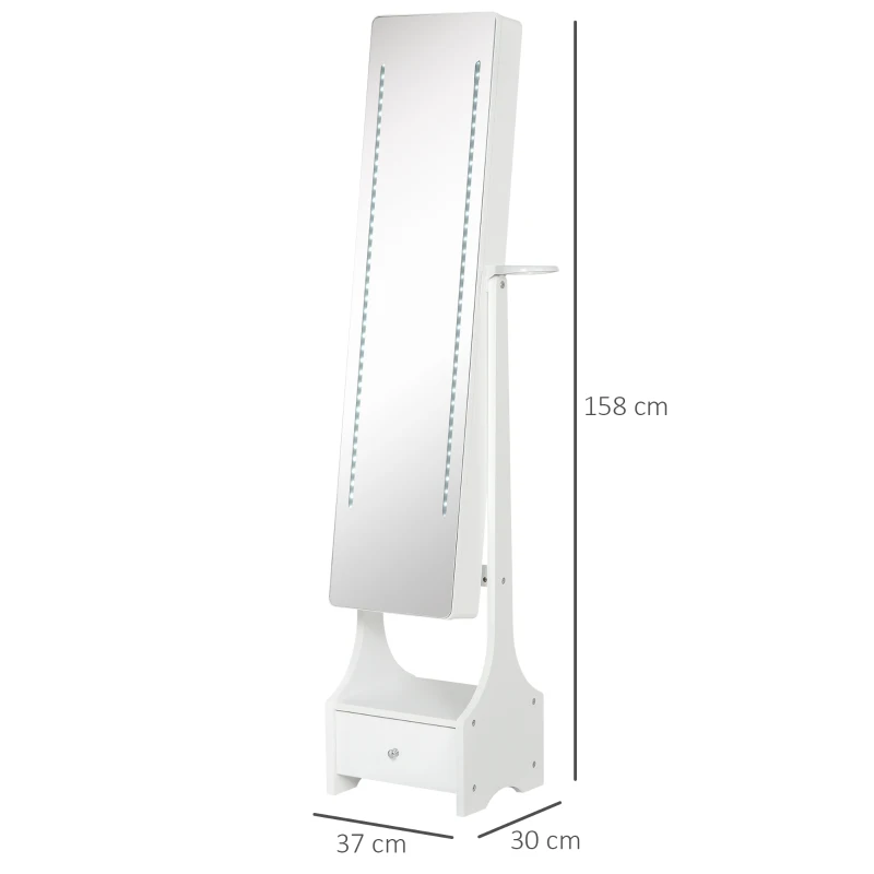 HOMCOM Joalheiro de Pé com Espelho Luz Armário para Jóias com Espelho de Corpo Inteiro 3 Ângulos Ajustáveis com Gaveta e Suporte para Secador 37x30x158cm Branco