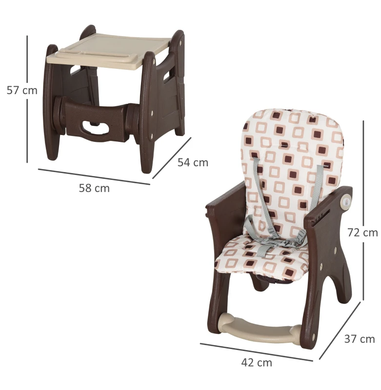HOMCOM Cadeira para bebês 3 em 1 por mais de 6 meses Transformar em mesa e cadeira multifuncional Ajustável em 3 posições encosto alto Acolchoado com 2 bandejas removíveis 57x59x105 cm Marrom