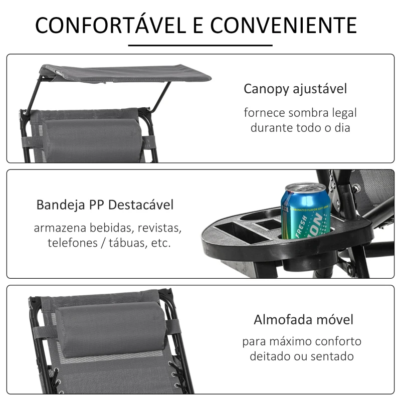 Outsunny Espreguiçadeira de balanço de jardim dobrável reclinável com toldo de proteção solar Estrutura de aço 120x67x102 cm Cinza