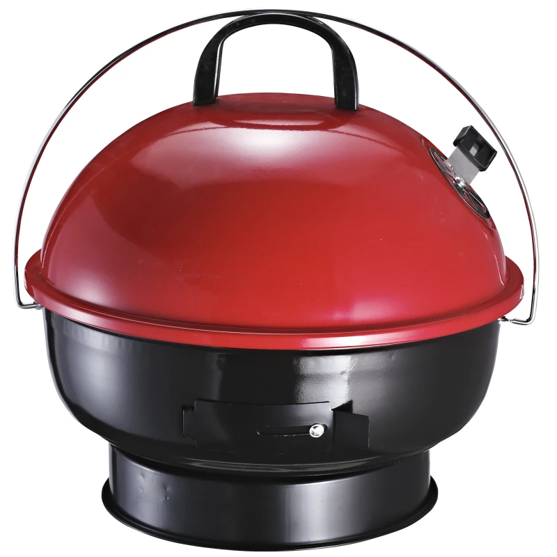 Outsunny Barbecue a Carvão Portátil Barbecue Pequena de Metal Esmaltado com 3 Pés Antiderrapantes Ø36,5x54cm Preto e Vermelho
