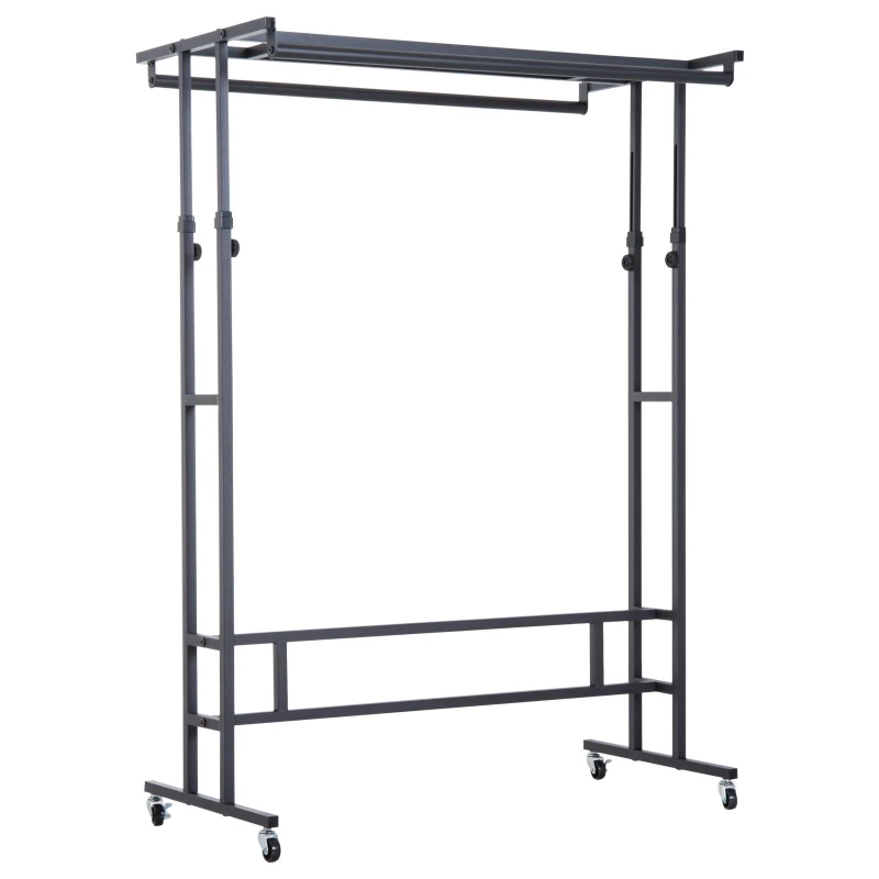 HomCom® Cabide Burro Ajustável com Rodas Barra para Pendurar Roupa com Estante Superior Cabide de Pé