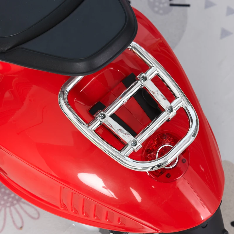 HOMCOM Mota Elétrica Vespa com Faróis Música 2 Rodas Auxiliares para Crianças acima de 3 Anos 108x49x75 cm Vermelha