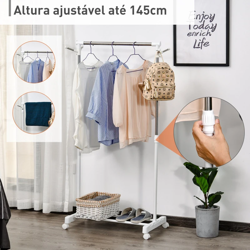HOMCOM Charriot com Altura Ajustável Cabide com Rodas Portátil Prateleira Inferior Aço 68,5x42x87-145cm Branco e Prata