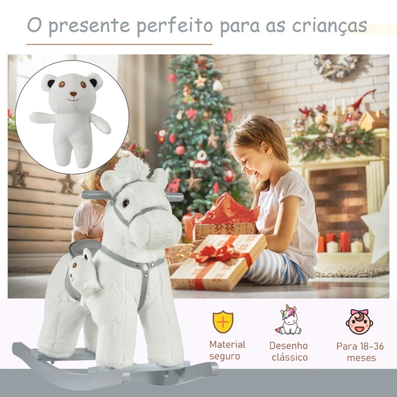 HOMCOM Cavalo Baloiço para Crianças de 18-36 Meses Cavalo de Balançar com Ursinho de Pelúcia Sons de Relinchos e Galopes base de Madeira 65x26x55cm Branco