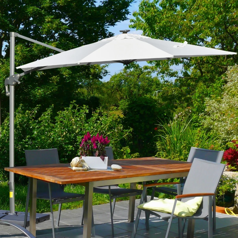 Outsunny Chapéu de Sol Excêntrico Φ300x248cm com Proteção UV 50+ Giratório 360º com Manivela Luzes LED Painel Solar e Teto Reclinável Branco