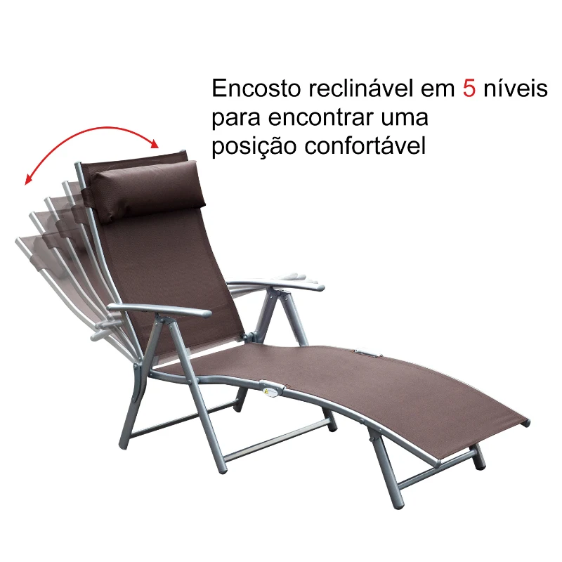 Outsunny Espreguiçadeira Dobrável de Jardim com Encosto Ajustável em 7 Posições Apoio para a Cabeça 137x63,5x100,5cm Marrom