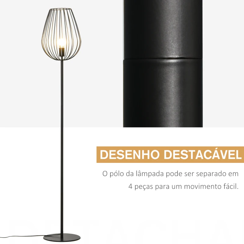 HOMCOM Lâmpada de pé com base de metal moderno com interruptor de pé Ф27,5x159 cm Preto
