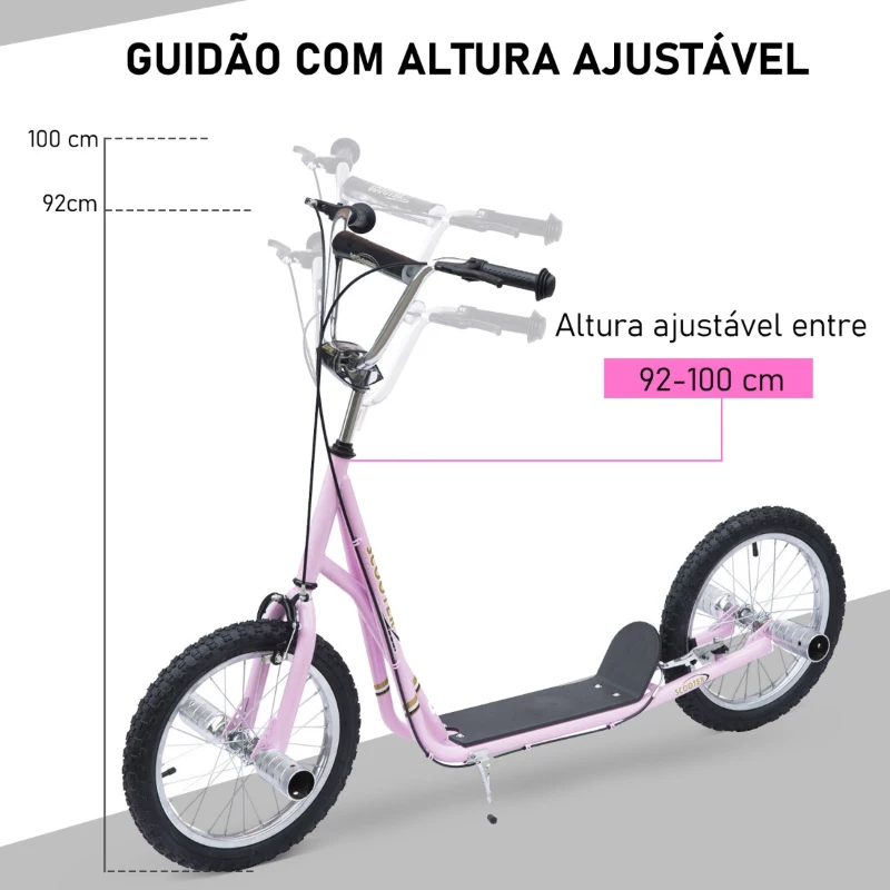 HOMCOM Trotinete para Crianças Min.5 Anos 2 Rodas Insufláveis de 16 Polegadas Freios e Guidão Ajustável Altura 143x58x92-100 cm Rosa