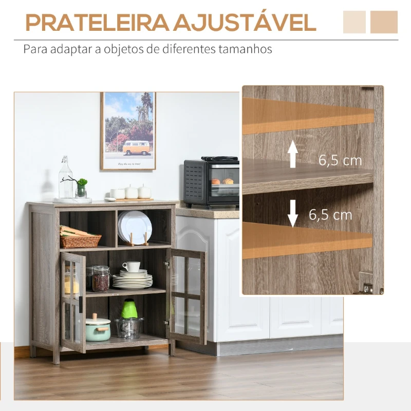 HOMCOM Aparador de Cozinha Armário Buffet com 2 Portas de Vidro e 2 Compartimentos Abertos Móvel Auxiliar de Armazenamento para Sala de Jantar Sala de Estar 90x40x100cm Carvalho