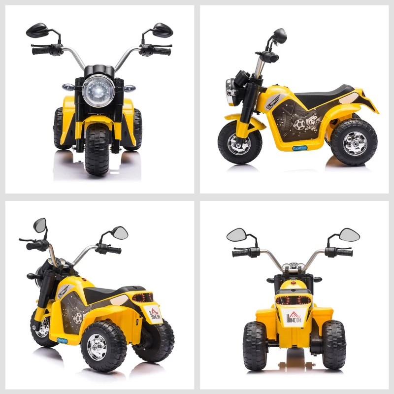 HOMCOM Motocicleta Elétrica Infantil com 3 Rodas Triciclo a Bateria 6V para Crianças de 18-36 Meses com Farol Buzina 72x57x56cm  Amarelo