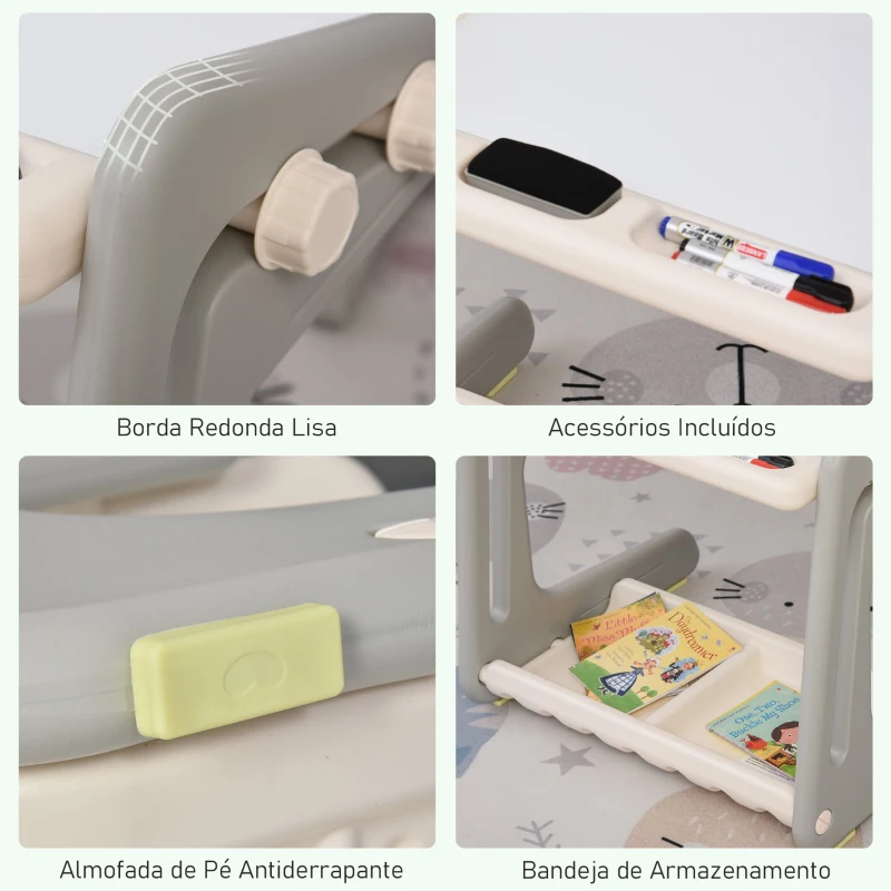 HOMCOM Conjunto de Mesa Conversível e Cadeira para Crianças acima de 12 Meses com 3 Marcadores e 1 Borracha 65x48x66,7 cm Cinza e Branco