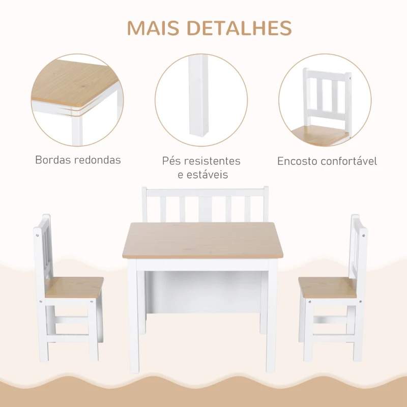 HOMCOM Conjunto Infantil de Mesa 2 Cadeiras e Banco com Armazenamento Móveis Infantil para Sala de Jogos Dormitório Branco e Natural