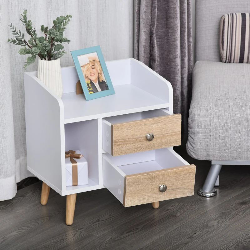 HOMCOM Mesa de Cabeceira com 2 Gavetas Grandes 1 Prateleira Aberta e Pés Elevados Estilo Nórdico 43x30x49 cm Branco e Madeira