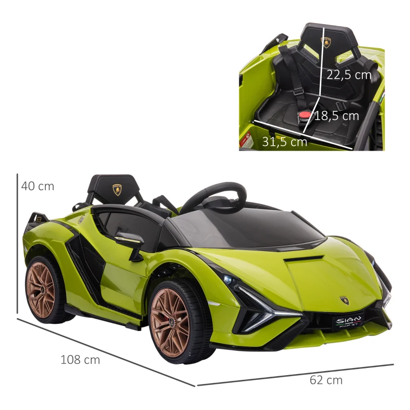 HOMCOM Carro Elétrico Lamborghini SIAN 12V para Crianças de 3-8 anos com Controle Remoto Abertura da Porta Música MP3 USB e Faróis 108x62x40cm Verde