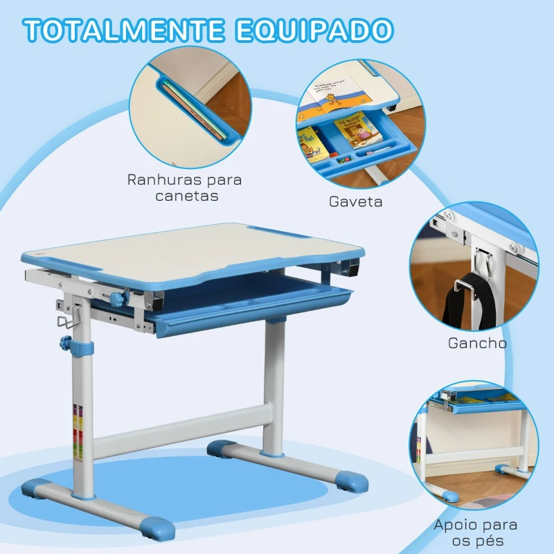 HOMCOM Secretária Infantil 2 em 1 Conjunto de Secretária e Cadeira para Crianças acima de 6 Anos com Altura Ajustável Mesa com Ângulos Regulável e Bandeja Deslizante 66x47x77cm Azul