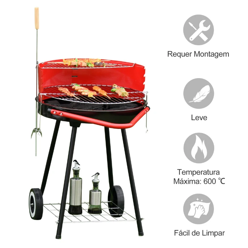 Outsunny Barbecue a Carvão com Rodas Grelha com Altura Ajustável e Prateleira de Armazenamento 51x70x75,5 cm Preto e Vermelho