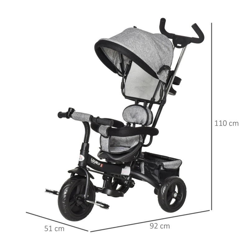 HOMCOM Triciclo para Crianças 2 em 1com capota ajustável acima de 18 Meses cinza 92x51x110cm