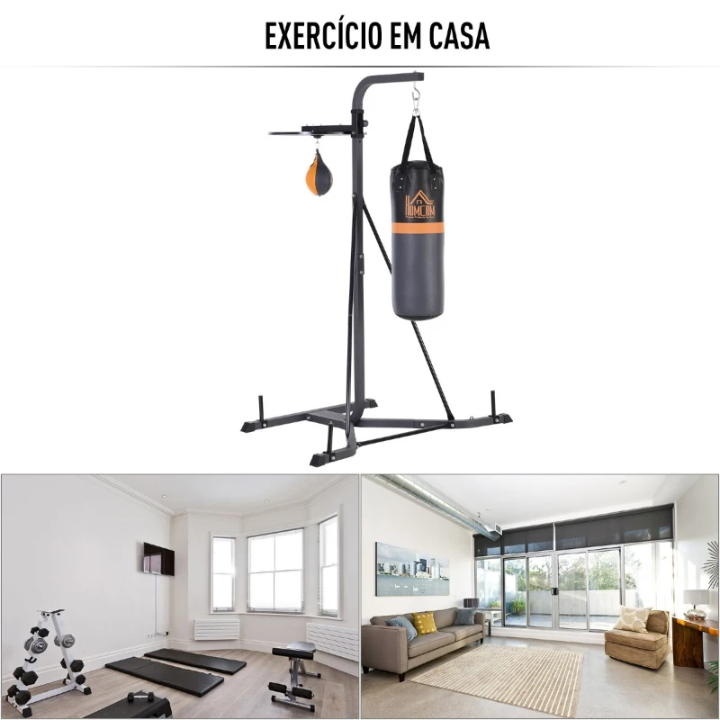 HOMCOM Saco de Boxe Suspenso com Suporte Bola de Velocidade Ajustável em Altura de 167-187cm e Inflador para Treinamento Fitness em Casa Ginásio 115×157×221 cm Preto e Cinza