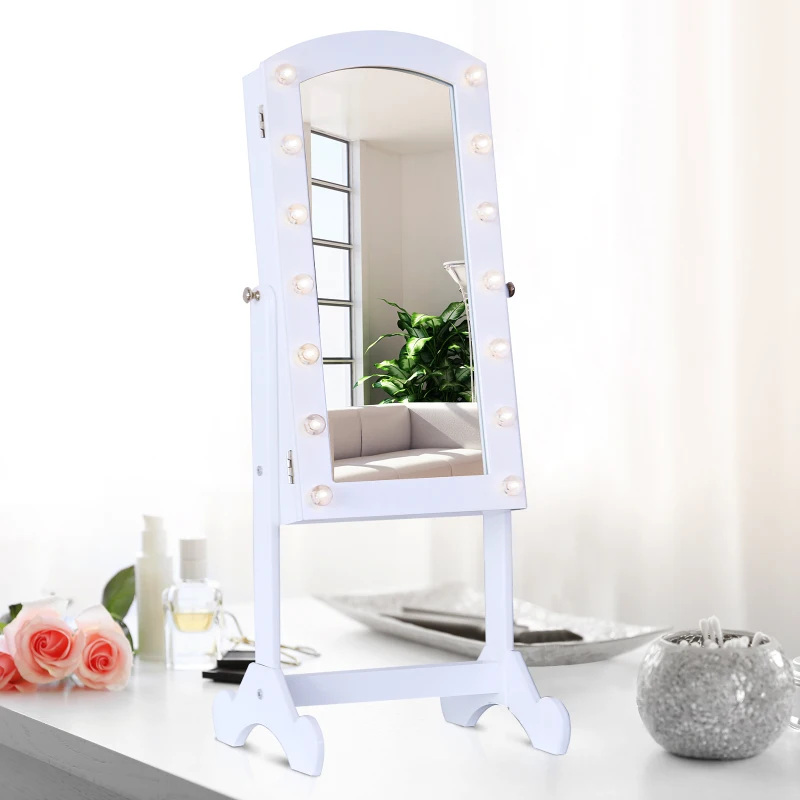HOMCOM  Espelho de maquilhagem com joalharia de pé Gabinete de jóias 14 luzes reclináveis de LED Fecho De Madeira 32x29x81cm cor Branco