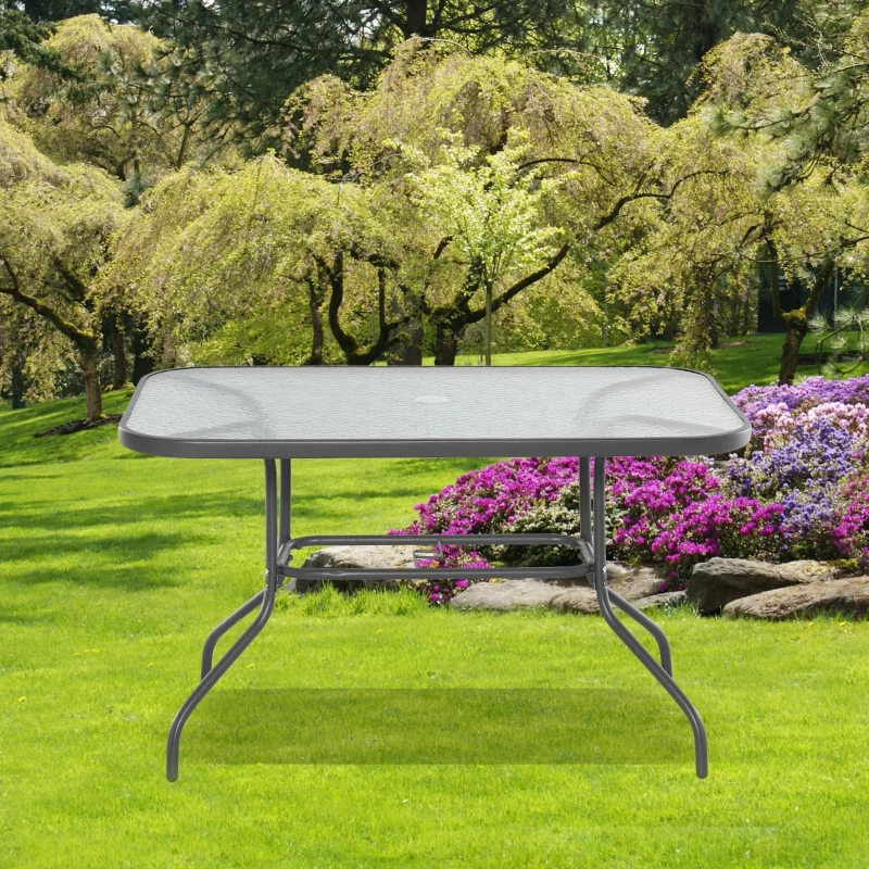 Outsunny Mesa retangular de metal para jardim  com orifício para guarda-sol Capacidade 70kg Vidro temperado 120x80x70 cm Cinza carvão