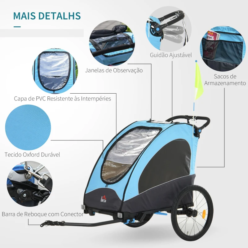 HOMCOM Reboque de criança 3 em 1 de 2 lugares para crianças acima de 6 meses Dobrável com barra rodas giratórias e guiador ajustável 150x85x107cm Azul