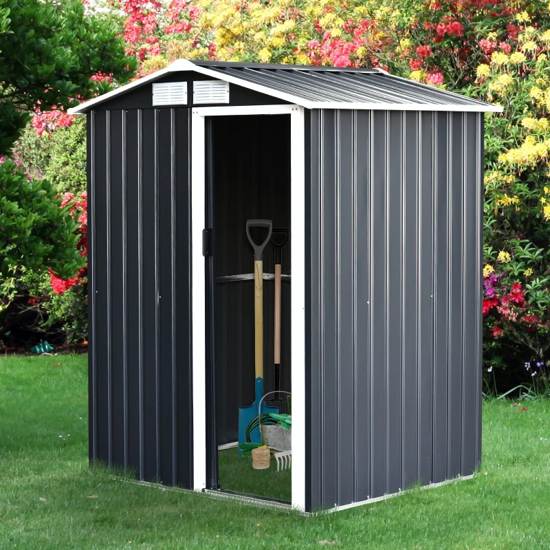 Outsunny Abrigo de Jardim 150x130x186 cm Abrigo de Exterior de Aço Galvanizado com Porta Corredeira e Ventilações para Armazenamento de Ferramentas Cinza