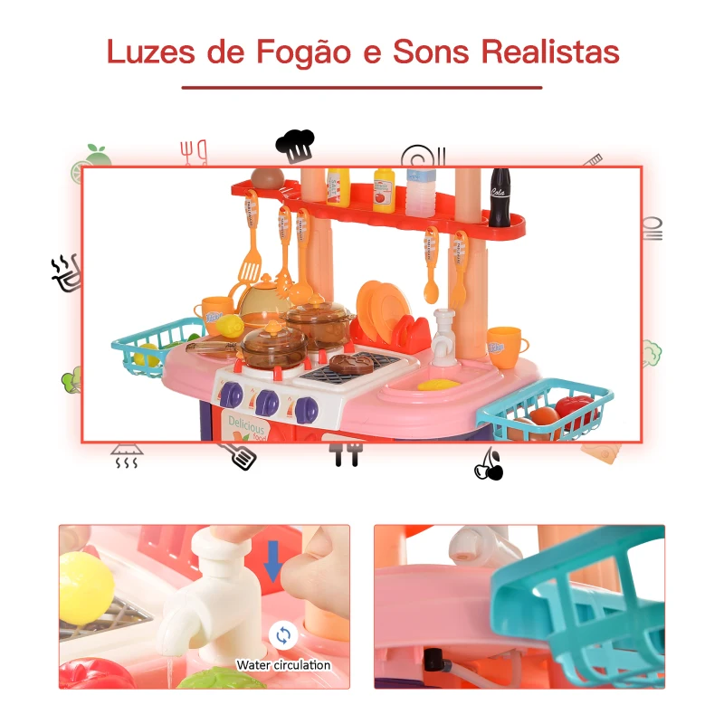 HOMCOM  Brinquedo de cozinha para crianças acima de 3 anos Cozinha infantil Jogo de interpretação de papéis Inclui 51 peças Utensílios com efeitos de luz e música 71,5x35x85,5 cm Multicolor