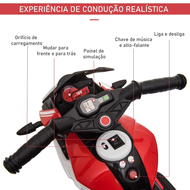 HOMCOM Motocicleta Elétrica Infantil com 3 Rodas Triciclo para Crianças acima de 3 anos com Bateria 6V Recarregável Funções de Música Buzina Faróis 86x42x52cm Preto e Vermelho