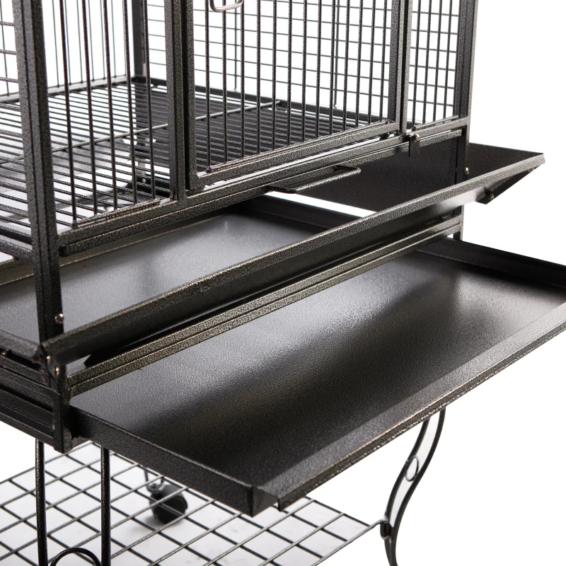 PawHut Gaiola metálica para pássaros com 2 portas Bandeja Removível 4 rodas 75x69x159 cm cinza escuro