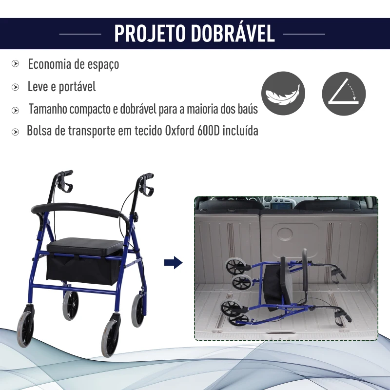 HOMCOM Andador para Adultos Dobrável com Armazenamento Assento e Travão 65x53x79-89cm Azul e Preto