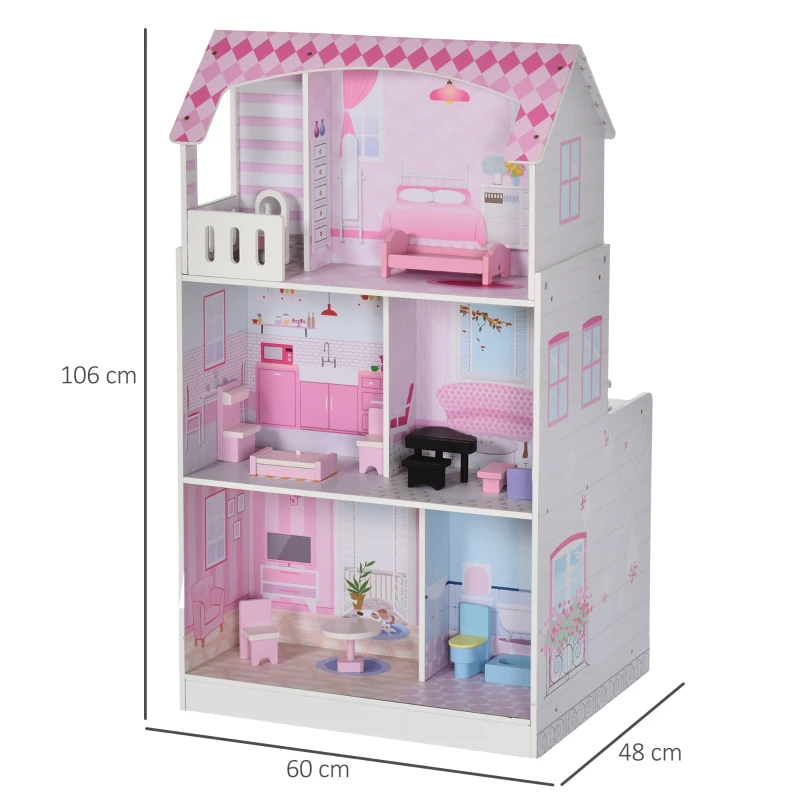 HOMCOM  2 em 1 binquedo de cozinha Casa de bonecas 3 andares com 12 acessórios incluidos para crianças acima de 3 anos  60x 48x 106 cm rosa