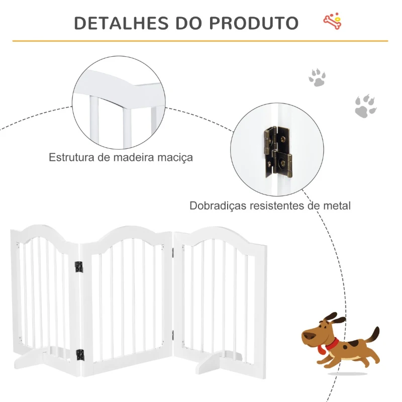PawHut Barreira de Segurança Dobrável para Cães Pequenos Barreira de Proteção para Animais de Estimação com 3 Painéis e 2 Suportes para Portas Escadas Corredores 154,5x29,5x61 Branco