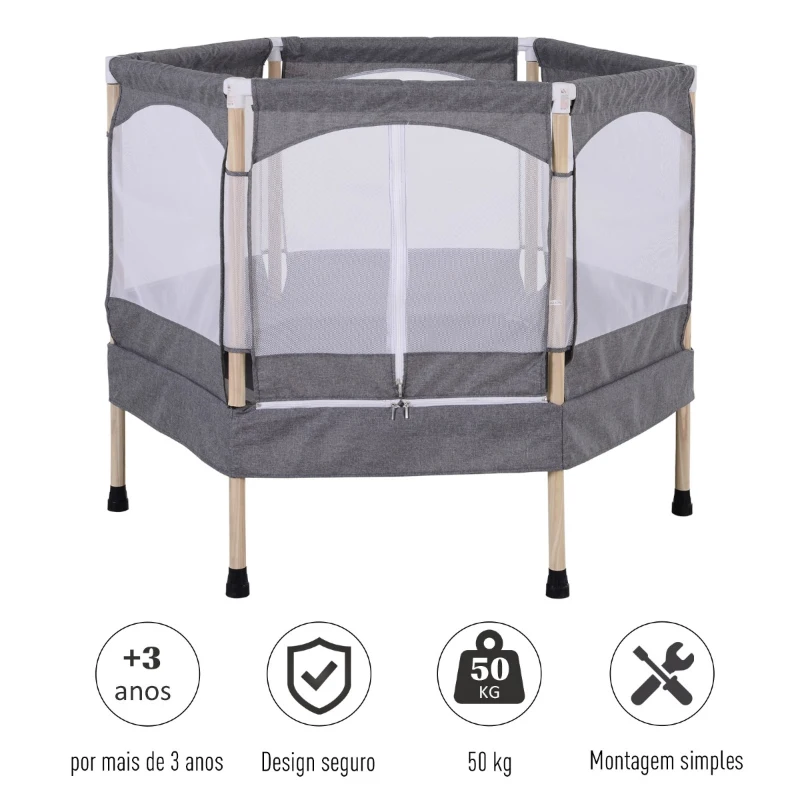 HOMCOM Trampolim para Crianças acima de 3 Anos Trampolim Infantil com Rede de Segurança Carga Máxima 80kg 126x109x98cm Cinza