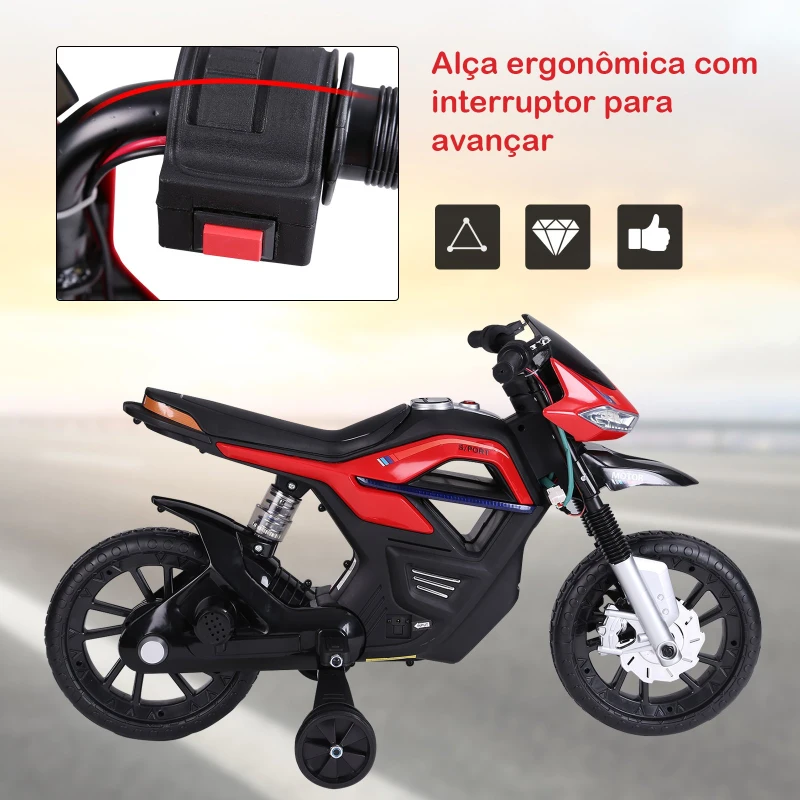 HOMCOM Mota Elétrica Infantil Motocicleta para Crianças acima de 3 anos Bateria 6V com Luzes e Música 105x52,3x62,3 cm Vermelho