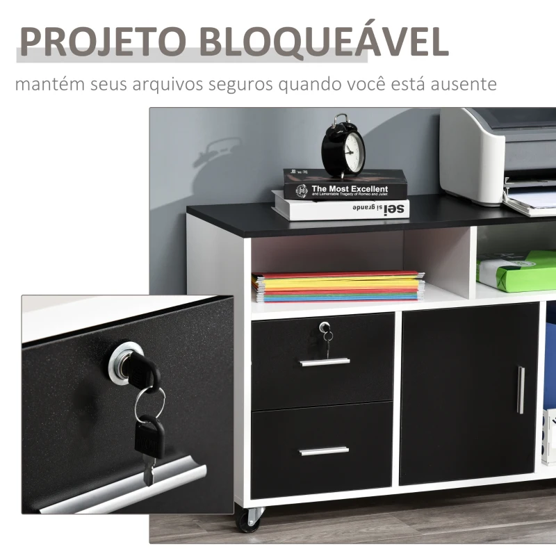 HOMCOM Móvel Auxiliar de Escritório Móvel Arquivador com Rodas Prateleiras Gaveta e Armário Multiuso com Grande Armazenamento 100x35x65cm Preto e Branco