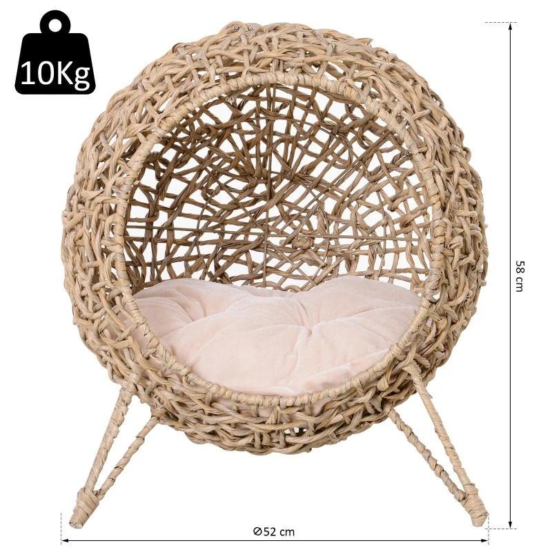 PawHut Cama para Gatos em Vime Sintético com Base de Tripé Almofada com Pelúcia e Algodão Suave Desenho Elevado Ø52x58 cm Madeira