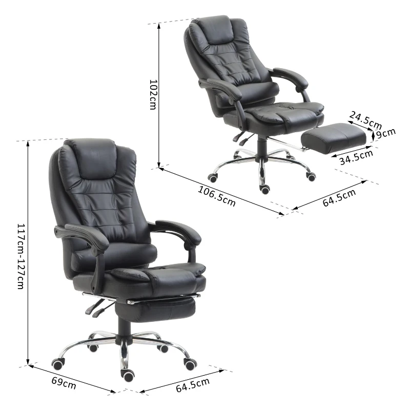 HomCom Cadeira de Escritório Ergonómica Reclinável 145° e Giratória 360º com pousa-pés - 64,5x69x117-127cm
