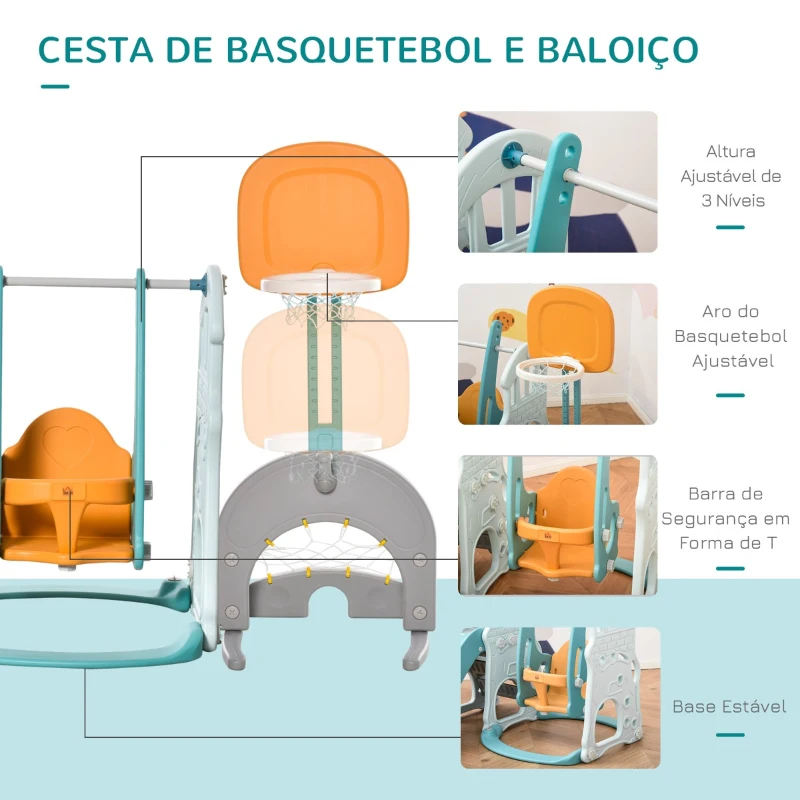 HOMCOM 5 em 1 Escorrega e Baloiço para Crianças acima de 18 meses com 2 Cestas de Basquetebol Porteria de Futbol com Assento Ajustável Parque Infantil Interior e Exterior 210x186x133cm Multicor