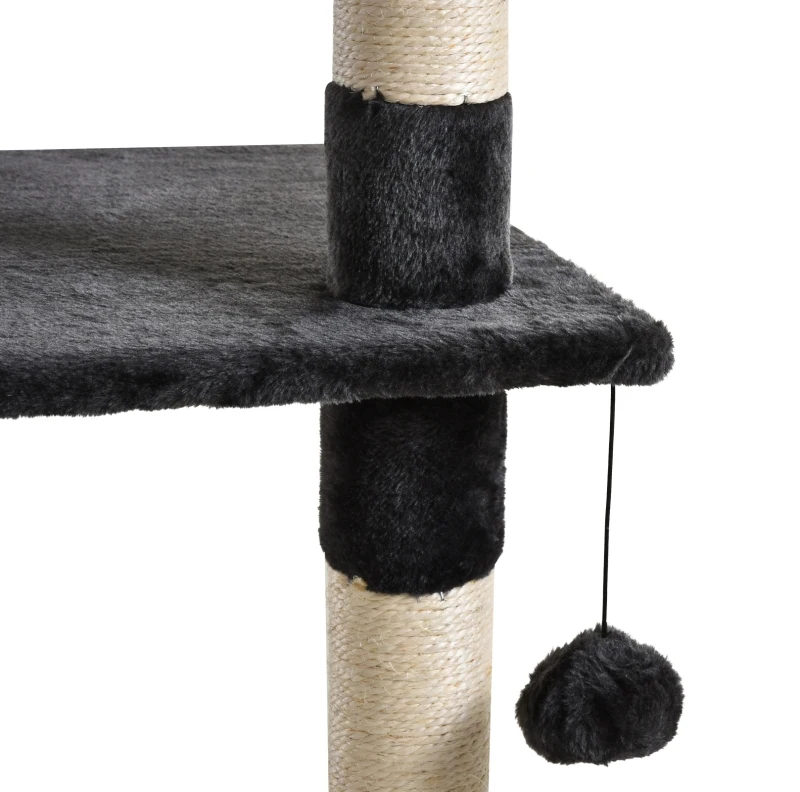PawHut Árvore arranhador para Gatos com Altura Ajustável Plataformas Múltiplas Caverna Cestas e Escadas em Sisal Natural e Pelúcia 60x45x240-260 cm Cinza Escuro