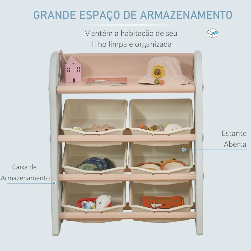 HOMCOM Organizador de Brinquedos para crianças tipo Estante Infantil com 6 Caixas para quarto Sala de Jogos Creche 76x36x92cm Creme Coral Azul