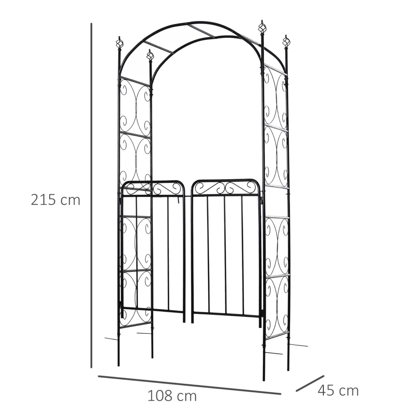 Outsunny Arco de jardim com porta dupla treliça metálica com fechadura para plantas trepadeiras Pátio 108x45x215 cm  cor preto fosco
