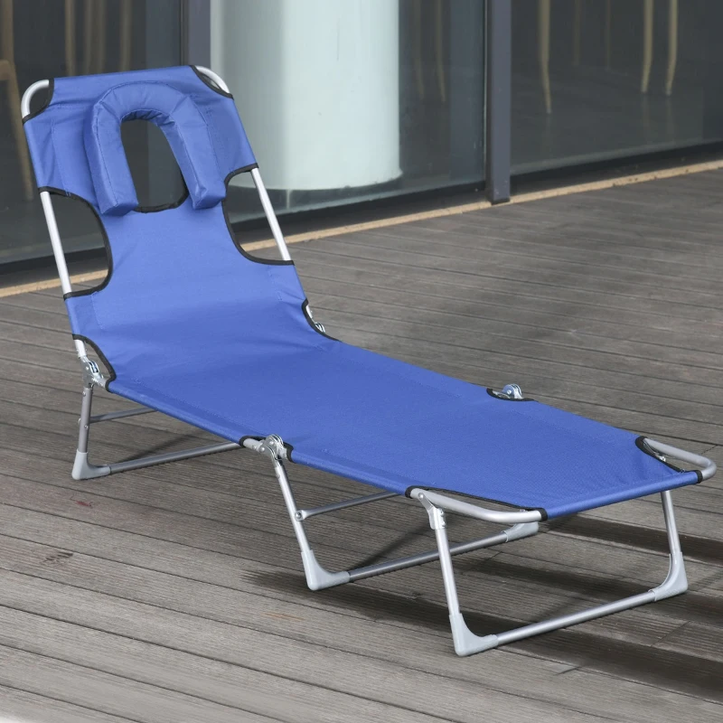 Outsunny Espreguiçadeira de Jardim Reclinável e Dobrável com Orifício de Leitura Apoio para Cabeça e Encosto Ajustável em 4 Níveis para Praia 182x56x24,5 cm Azul