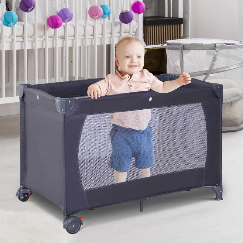 HOMCOM Berço de Viagem Dobrável Parque para Bebés com Rodas Carga Até 20kg Porta com Zíper Saco de Transporte Acolchoado 120x60x75cm