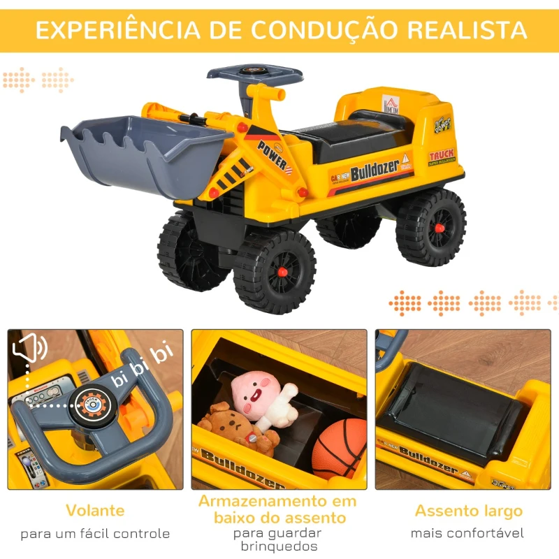 HOMCOM Trator sem Pedais para Crianças de 2-3 Anos com Pá Escavadora Espaço de Armazenamento Oculto Volante e Buzina 70x26x37cm Amarelo
